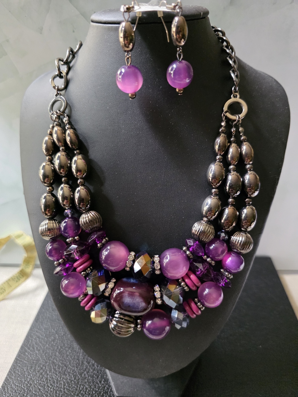 Source Unknown Purple and Gunmetal Statement Necklace & Earring Set